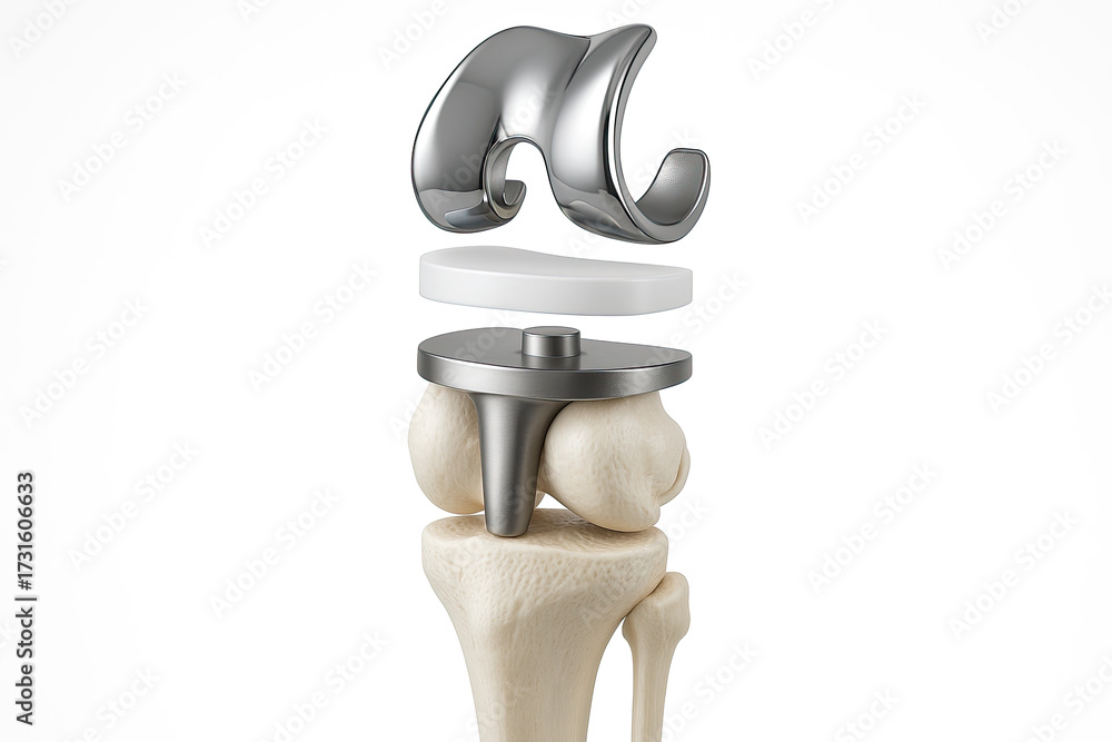 Prosthesis Components Anatomical illustration of a disassembled knee replacement prosthesis ...