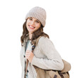 © kite_rin - Beautiful young woman winter portrait isolated in transparent PNG, Smiling student girl wearing warm clothes with backpack cut-out over white background