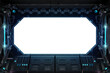 © sdecoret - Grunge dark spaceship cockpit with isolated cut out transparent window. Futuristic black starship interior with glowing lights. 3D rendering