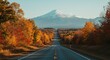 © kalijali - Open road leading towards snow capped mountain with vibrant autumn foliage on either side under clear sky