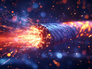 Network cables with fiber optical abstract background. Fibre optic light and lightning spark. 