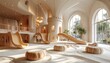 © yaya - Interior render of a spacious play area with curving slides, a tower, natural light, and soft furnishings