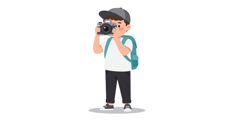 Young Boy Photographer Holding Digital Camera Backpack.