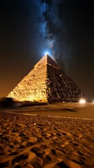 Wall Mural - Magnificent stone pyramid illuminated beneath a dark sky dotted with distant stars in the desert sands at night