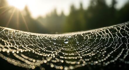 Dew covered spider web illuminated by sunlight in natural environment