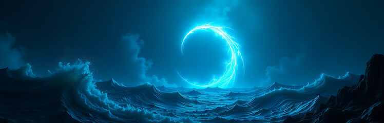 Wall Mural - swirling vortex electric blue light emanates casting ethereal glow dark depths vast oceanic depression