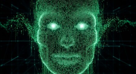 Digital face representation with glowing eyes and matrix grid background