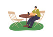 © Paper Trident - Person with smartphone is waiting for order outside restaurant on lawn. Man with phone sits at the table of street cafe, outdoors in summer. Flat isolated vector illustration on white background