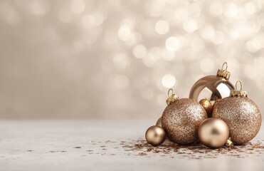 The gold Christmas ornament has a shiny appearance and is decorated with intricate silver snowflake designs, all while being surrounded by warm bokeh lights
