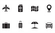 © DesignX24 - Collection of eight black travel and transportation icons on white background Keywords: airplane, aircraft, passport