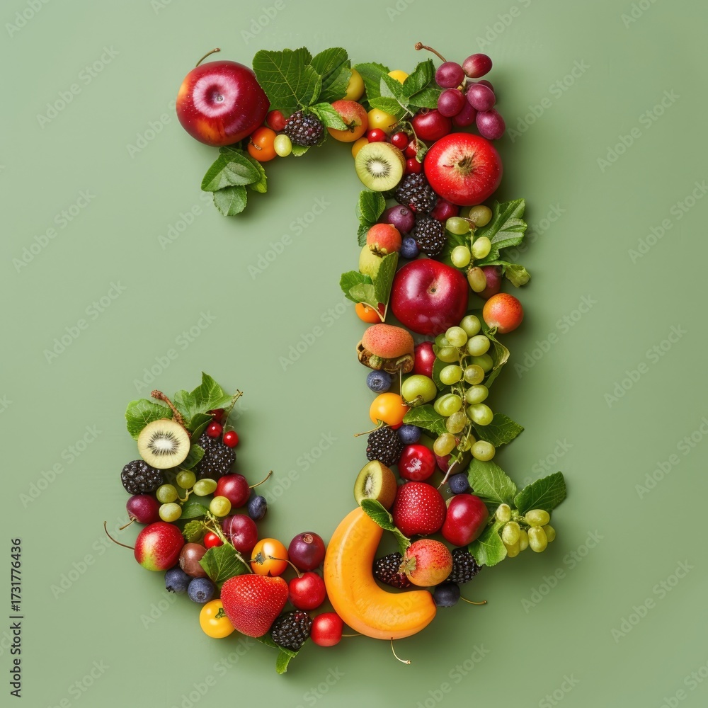 Various fresh fruits and berries arranged in the shape of the letter J ...