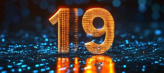 Wall Mural - Futuristic Glowing Number Nineteen on Abstract Matrix Background for Modern Celebration Themes