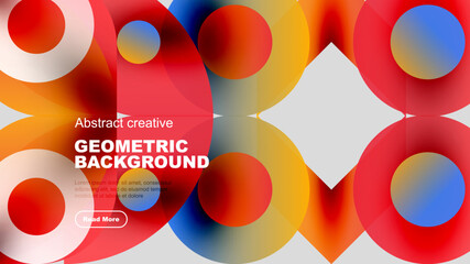 Wall Mural - Abstract geometric background features vibrant overlapping circles, diamonds, text, button. Modern design, bold colors, dynamic composition.