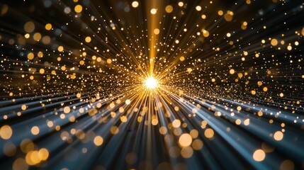 Laser beam diffraction creates radial burst pattern with golden light rays and bokeh particles spreading from central bright source point