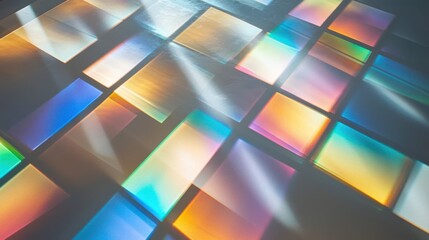 Laser interference patterns creating spectral diffraction lines with holographic rainbow effects on reflective surfaces geometric optical physics demonstration