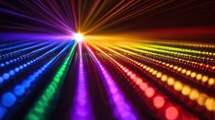 Light diffraction grid laser interference patterns creating rainbow spectrum burst with radial beams and colorful optical physics demonstration
