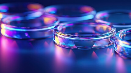Laser coherence rings optical interference patterns colorful iridescent glass vessels creating rainbow light diffraction effects on deep blue background
