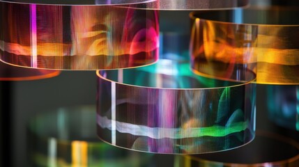 Laser interference rings creating vibrant rainbow diffraction patterns in transparent optical elements with colorful light wave interactions and spectral phenomena