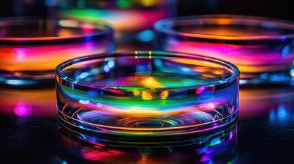 Laser interference rings creating vibrant circular diffraction patterns with rainbow light waves and optical phenomena in transparent glass elements