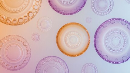 Beautiful diffraction pattern rings in vintage glassware collection displaying optical interference effects with warm amber and cool purple tones overhead view