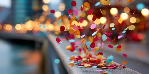 Wall Mural - Vibrant urban celebration scene with colorful confetti falling and bright city lights at night.