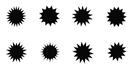 Wall Mural - Eight simple black starburst shapes arranged on a plain white background