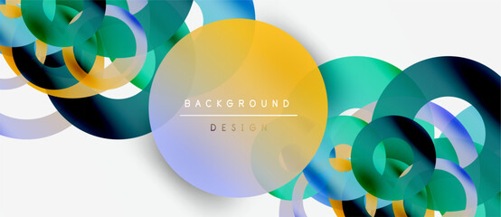 Wall Mural - Abstract circles overlap, creating dynamic colorful composition. Modern design elements suggest fluidity, innovation. Background features gradients, text.