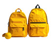 © Jaya - Two bright yellow backpacks, one slightly smaller,  with zippered compartments and straps.  A small, bright yellow fruit is beside the smaller bag