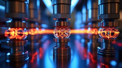 Laser diffraction bands creating vibrant interference patterns through advanced optical equipment in professional laboratory environment with brilliant orange blue beams
