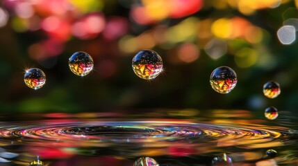 Optical wave diffraction through soap bubbles creating vibrant iridescent rainbow patterns suspended above water surface with colorful reflections bokeh