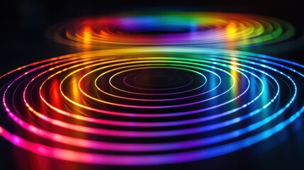 Wall Mural - Laser interference rings creating luminous rainbow spectrum circles with vibrant optical patterns radiating across dark background in perfect symmetry