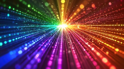 Light diffraction grid laser interference patterns creating brilliant rainbow spectrum burst radiating from central bright source with colorful wavelengths