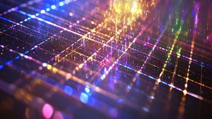 Laser interference grid creating spectacular rainbow light patterns with prismatic reflections and optical diffraction effects on transparent surface