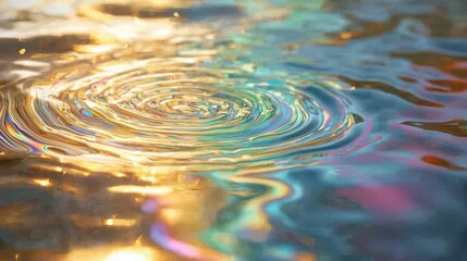 Laser interference diffraction patterns creating iridescent rainbow ripples in water surface with golden sunlight reflections and concentric wave formations