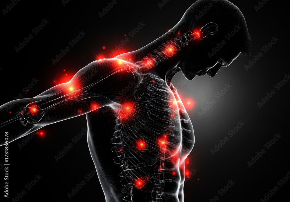 3d render of a human body with pain in different parts, x-ray scan, red ...