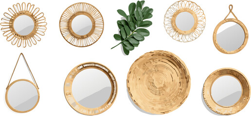 Array of decorative mirrors with natural textures isolated
