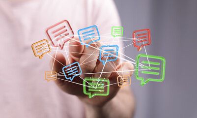 Hand holding connected message bubbles, symbolizing digital communication, networks, and the flow of information. Ideal for tech, business, and