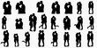 © Adji - Collection of black silhouettes depicting loving couples kissing and embracing in various romantic poses.
