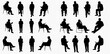 © Adji - A collection of diverse black silhouettes depicting people standing and sitting in various poses, some interacting with digital devices.