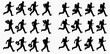 © Adji - Various black silhouettes of people running, some carrying briefcases, others backpacks, illustrating dynamic movement.