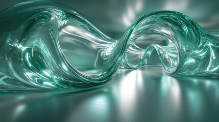 Optical diffraction effects creating fluid glass wave patterns with emerald refractions and translucent flowing curves in abstract composition