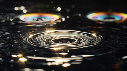 Light wave diffraction interference patterns through water surface ripples creating laser-like concentric rings and rainbow spectral dispersion effects