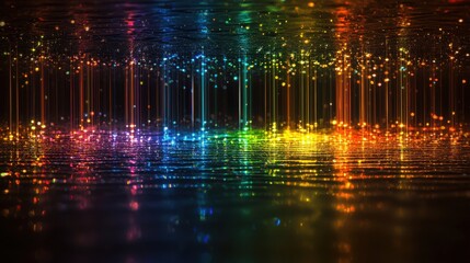 Laser interference patterns creating spectacular diffraction light effects with rainbow spectrum beams cascading over reflective water surface