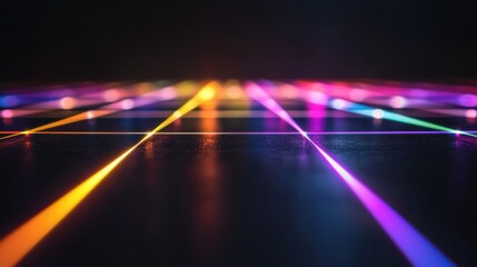 Laser beam splitting interference patterns creating vibrant multicolored light rays with spectacular optical diffraction display on reflective surface