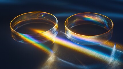 Optical wave rings laser interference patterns rainbow spectrum light diffraction through transparent circular objects creating colorful prismatic effects