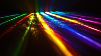 Wall Mural - Laser interference patterns creating diffraction grating effects with brilliant rainbow spectrum bands flowing across reflective dark surface