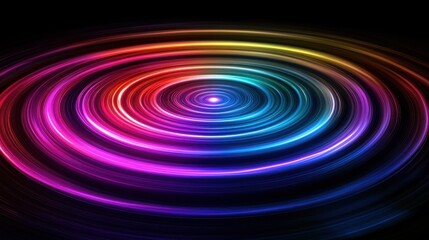 Laser interference patterns creating vibrant diffraction ring patterns with rainbow spectrum colors on black background for optical physics science