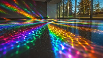Laser interference colors create vibrant rainbow spectrum patterns reflecting across dark polished floor surface with prismatic light diffraction effects