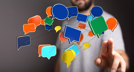 Man interacting with floating speech bubbles, conceptualizing modern communication, technology and digital social interaction. Digital Connectio