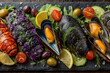 © tienuskin - Seafood platter: Exquisite arrangement of fresh seafood, accompanied by vibrant vegetables and citrus, presented on a dark, rustic slate, showcasing culinary art and the allure of gastronomy.